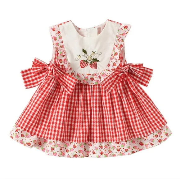 6-12M - Dress To Tunic - Red Gingham Strawberry Embroidered Girl's Dress - Picture 2 of 4